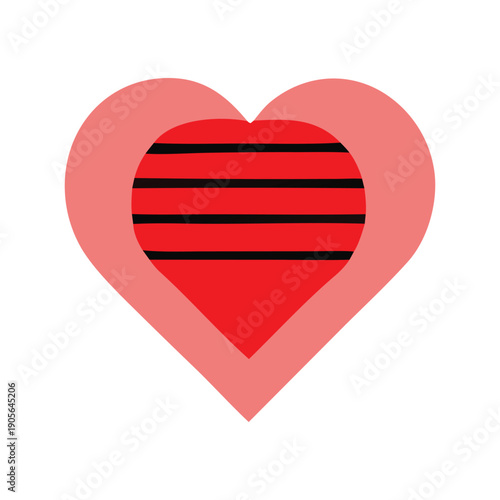 Modern graphic heart icon featuring a vibrant red heart with horizontal black stripes, nested within a softer pink heart shape, beautifully symbolizing layered love and passionate emotions