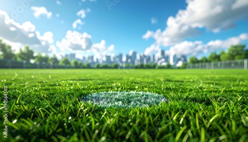 Green grass field with a cityscape backdrop under bright sky, focus close-up