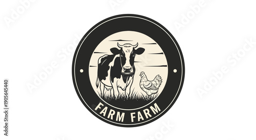Farm Animals Cow and Chicken Emblem.