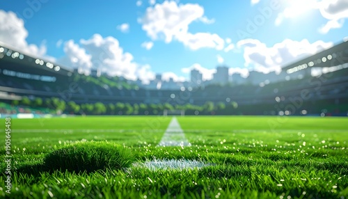 Sunny stadium field view with white lines, out-of-focus stands