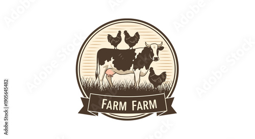Farm Animals Cow and Chickens Emblem Logo.
