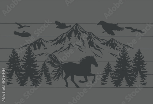 Horse and birds in a mountainous forest landscape