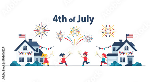 4th of July celebration banner with kids, houses, fireworks, and patriotic decorations, vector illustration for Independence Day or USA holiday greeting card or social media post
