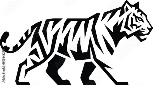 Stylized tiger silhouette illustration in modern geometric tribal style showing powerful wild animal isolated on white background vector design