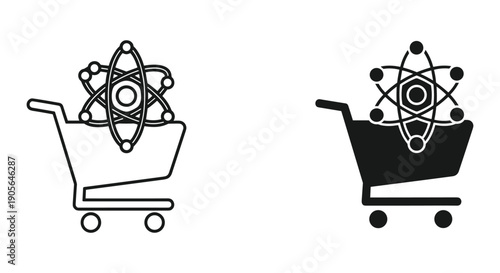 Atom Symbol in Shopping Cart Icon, Black and White Illustration, Science and Commerce Concept