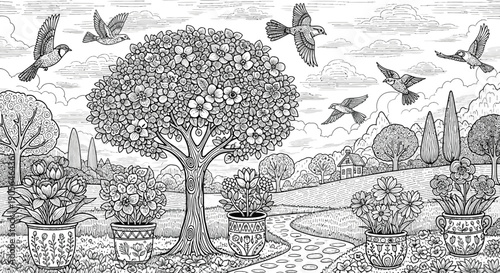 Black and white illustration of a tree surrounded by potted plants and flying birds in a garden landscape with a serene atmosphere and natural scenery