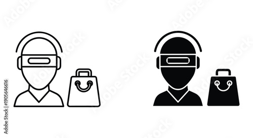 Shopping assistant robot with face mask and bag icons isolated on white background vector illustration