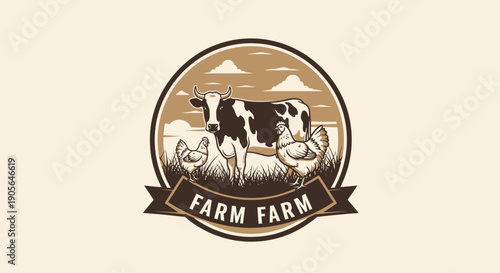 Farm animals emblem with cow, chicken, and piglet.
