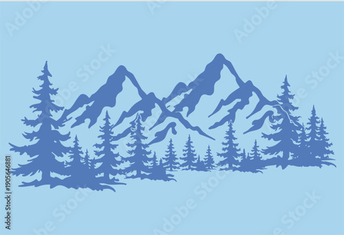 Mountain range with pine trees on a light blue background