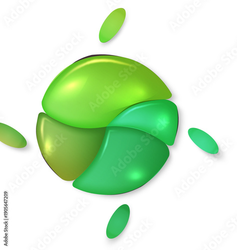 光沢感のあるグリーンカラーが重なり合う有機的な球体抽象オブジェクト｜自然・循環・成長・サステナビリティを象徴する立体コンセプトデザイン素材