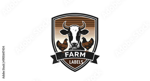 Farm Labels Emblem Featuring Cow and Chickens.