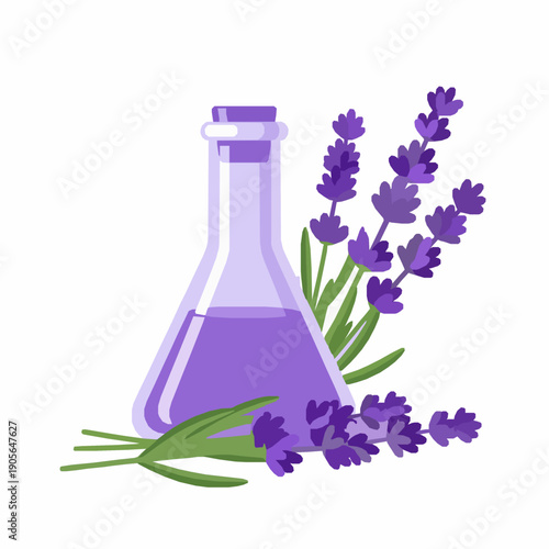 Lavender essential oil flask with flowers flat vector illustration isolated on white background
