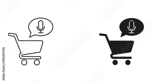 Shopping Cart with Voice Assistant Icon Set in Minimalist Design