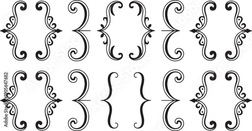 Ornate black vintage dividers and flourishes are arranged geometrically across the frame, suggesting elegant document decoration or typography.