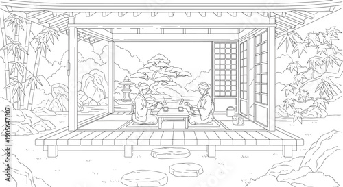 Traditional Japanese Tea Ceremony in a Serene Zen Garden Pavilion Coloring Page