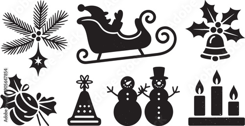 Collection of black silhouette icons featuring festive holiday elements like Santa's sleigh, snowmen, pine branches, and decorative bells for seasonal design.