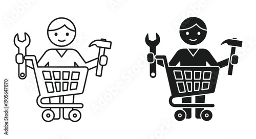 Cartoon People with Tools in Shopping Carts, Simple Line Art Style, White and Black