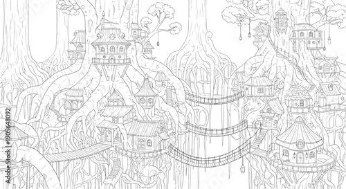 Magical Treetop Village with Fairytale Houses and Suspension Bridges Coloring Page