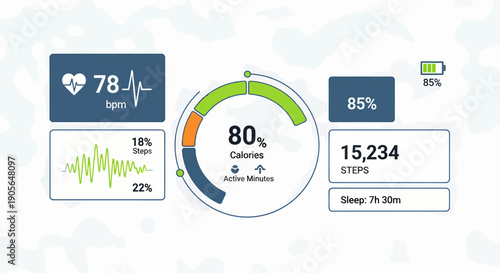 Modern wearable health infographic displaying vital statistics and fitness tracking data