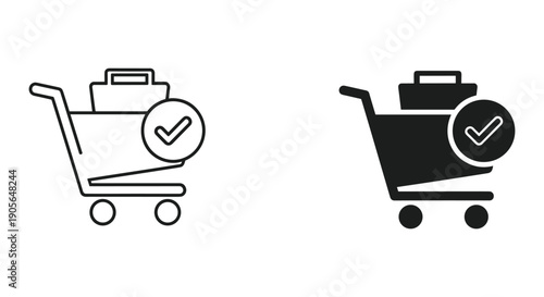 Flat design shopping cart icons with checkmark success symbol for ecommerce checkout and online purchase approval