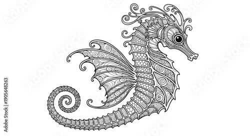 Detailed illustration of a seahorse with ornate fins and tail on white background marine life concept