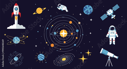 Astronaut and space icons with solar system planets stars rocket and telescope in outer space