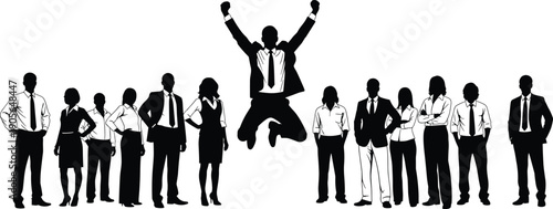 Vector, black, and, white, illustration, of, a, professional, business, team, standing, together, with, a, successful, leader, jumping, for, joy, and, celebrating, victory, design, elements (25 words)
