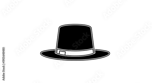 Classic black Pilgrim hat with a distinctive flat brim and band, representing historical attire and traditional culture in a minimalist vector graphic