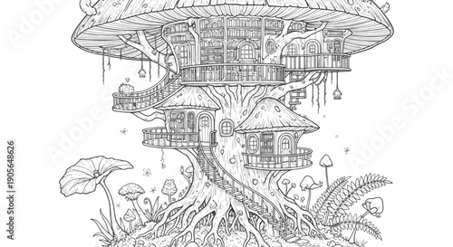 Intricate Mushroom Treehouse Library with Spiral Staircases and Balconies Coloring Page
