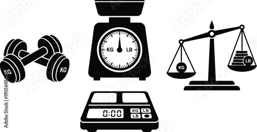 Weighing scale and weight icons with kilogram and pound symbols for fitness gym equipment, freight measurement, and laboratory tools. Dumbbells and balance dials vector silhouette isolated set
