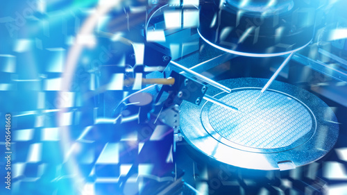 Foto Semiconductor manufacturing, Automated probes inspect silicon wafer during microchip fabrication, cleanroom equipment supports electronics production and materials science research