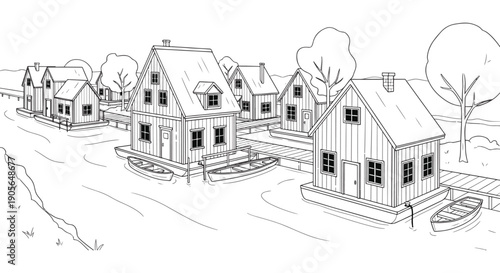 Charming Floating Village with Wooden Houses and Rowboats Along a Scenic River Coloring Page