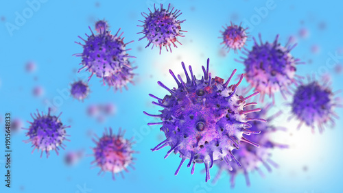 Foto Virology and medical research, 3D illustration of viral particles showing infection spread, pathogen structure analysis, disease study and biomedical science
