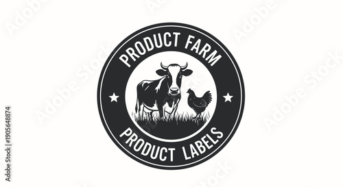 Farm Product Label with Cow and Chicken.