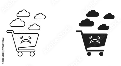 Empty shopping carts with sad faces under clouds isolated on white background minimalist concept