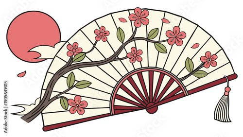 Traditional japanese fan with cherry blossoms and tassel symbolizing spring and cultural heritage