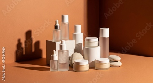 Assortment of glass and white skincare bottles and jars on a warm terracotta surface