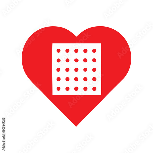 Red heart with adhesive bandage, symbolizing healing, care, and medical support for health and wellness