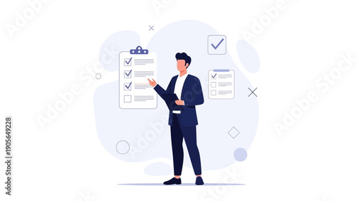 Businessman checking checklist on clipboard, task management, successful planning