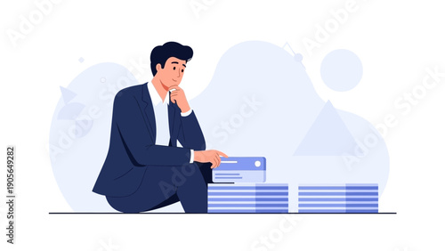 Businessman sitting and thinking, overwhelmed by work, stacks of paper