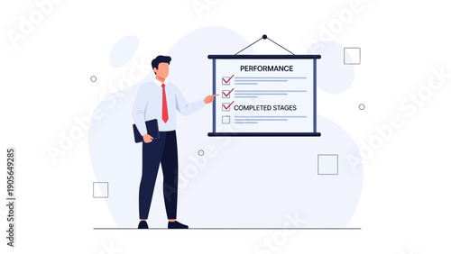 Businessman presenting performance checklist and completed stages on whiteboard