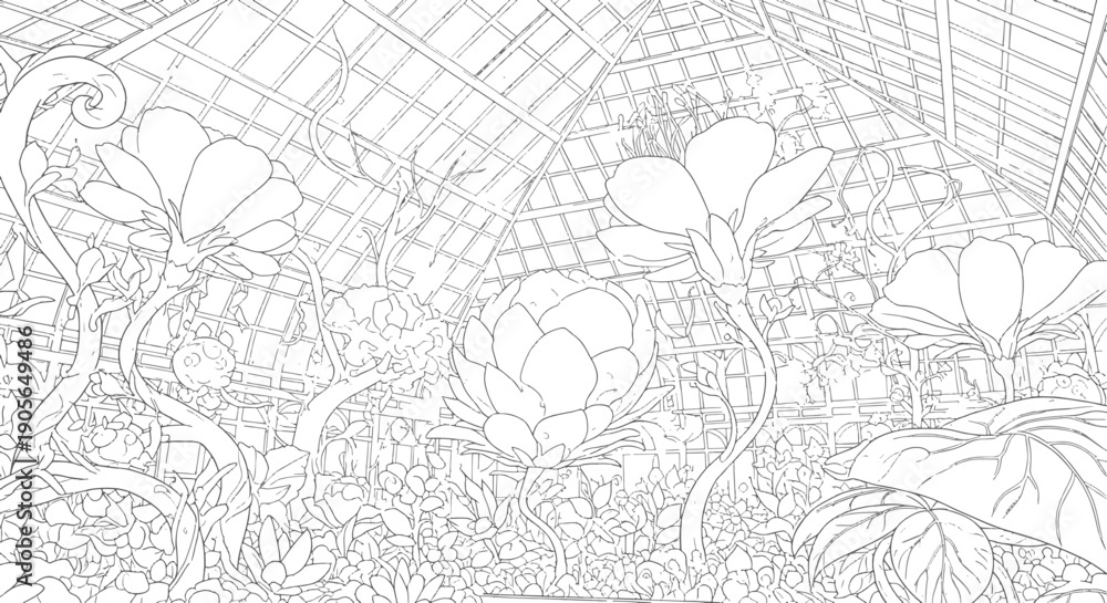 Obraz premium Giant Tropical Flowers Blooming Inside a Glass Conservatory Greenhouse Coloring Page