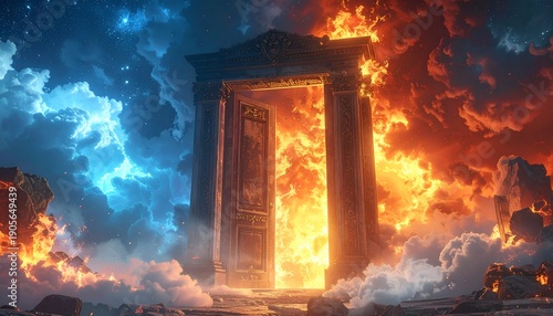 Ornate doorway between two opposing skies, fiery and celestial