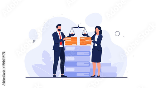 Lawyers balancing justice scales with legal books, representing law and order