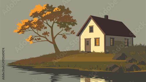 Serene lakeside house with autumn tree on a small island at dusk reflecting calmness and tranquility in nature