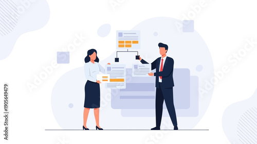 Business teamwork and planning illustration with people organizing documents