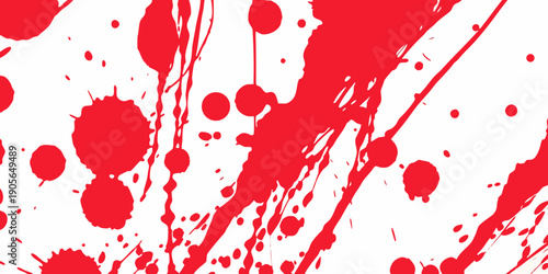 Abstract red splatters and droplets against a stark white background