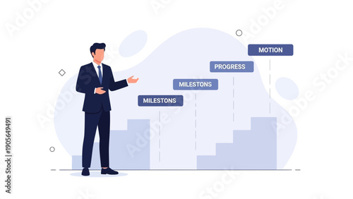 Businessman presenting growth steps, milestones, and progress in career or project