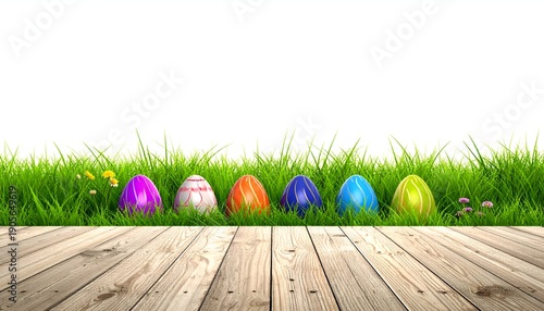 Easter eggs nestled in grass, displayed on wooden boards, against white