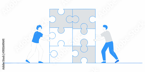 Two people connecting puzzle pieces symbolizing teamwork and collaboration